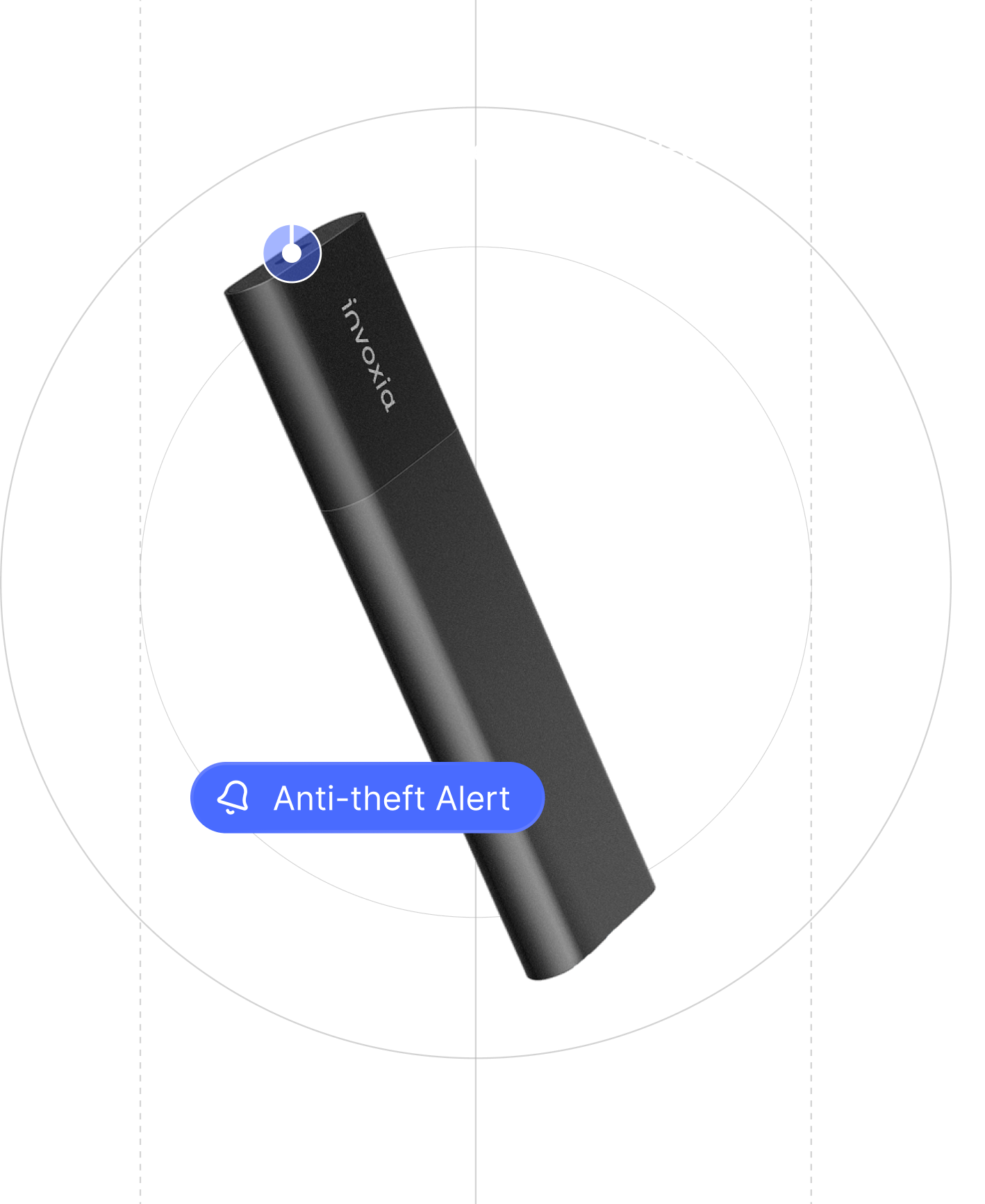 An Invoxia Tracker GPS Classic Edition 2026 GPS tracker on a black background with indications of its waterproof USB-C port and anti-theft alert features