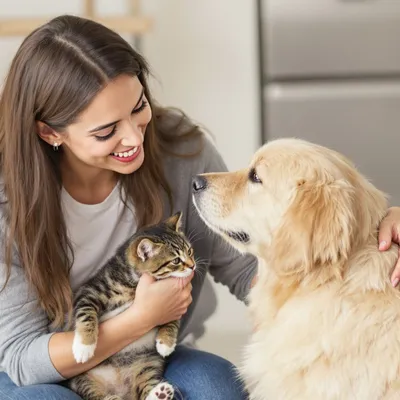 Smiling owner with their cat and dog