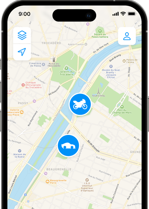 A smartphone application showing GPS tracking of a motorcycle and a car on a map  using Invoxia trackers